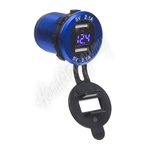 34565B 2x USB nabíječka s voltmetrem, hliníková do panelu, modrá_(1)