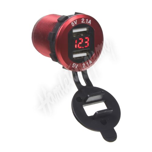 34565R 2x USB nabíječka s voltmetrem, hliníková do panelu, červená_(1)
