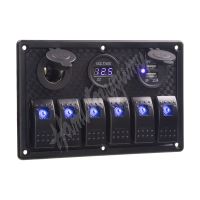 47159 Panel s 6x spínači Rocker, voltmetr, CL + USB zásuvka, 12/24V